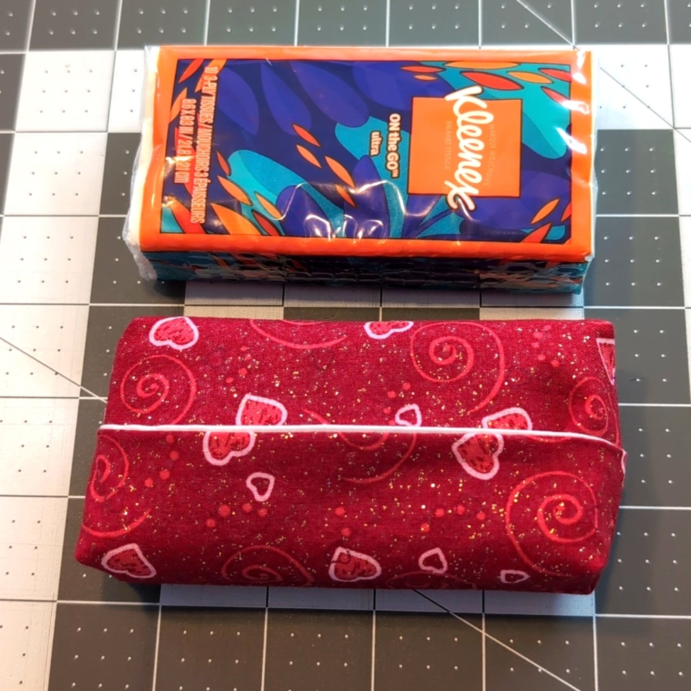 Pocket Tissue Holder, Reusable Lined Fabric With Hearts Boxed Corners Handmade